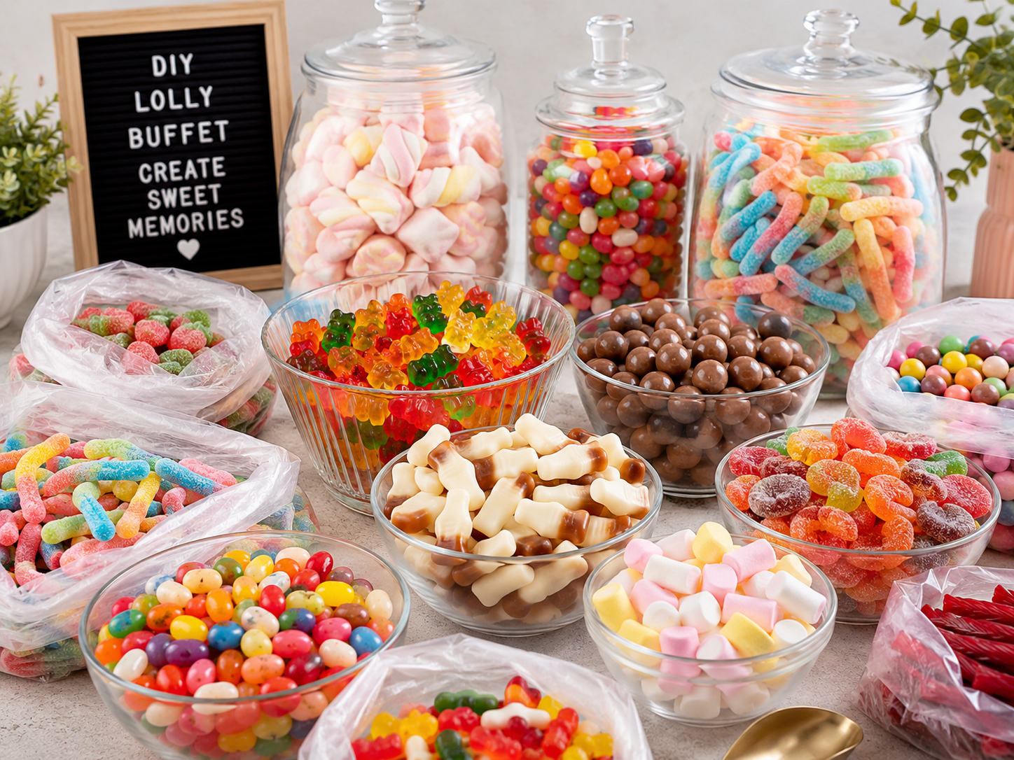 Bulk lollies and candy for a DIY lolly buffet including gummy bears, milk bottles and jelly beans